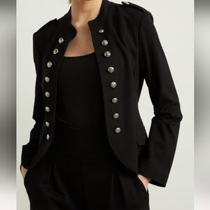 Elegant Officer's Black Military-Style Jacket Black Tweed Silver Crest Buttons